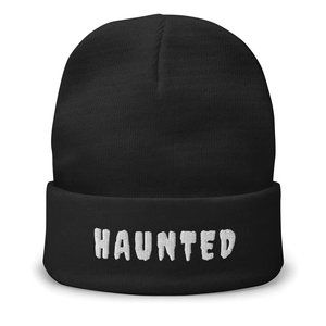 Haunted Embroidered Knit Beanie in Black